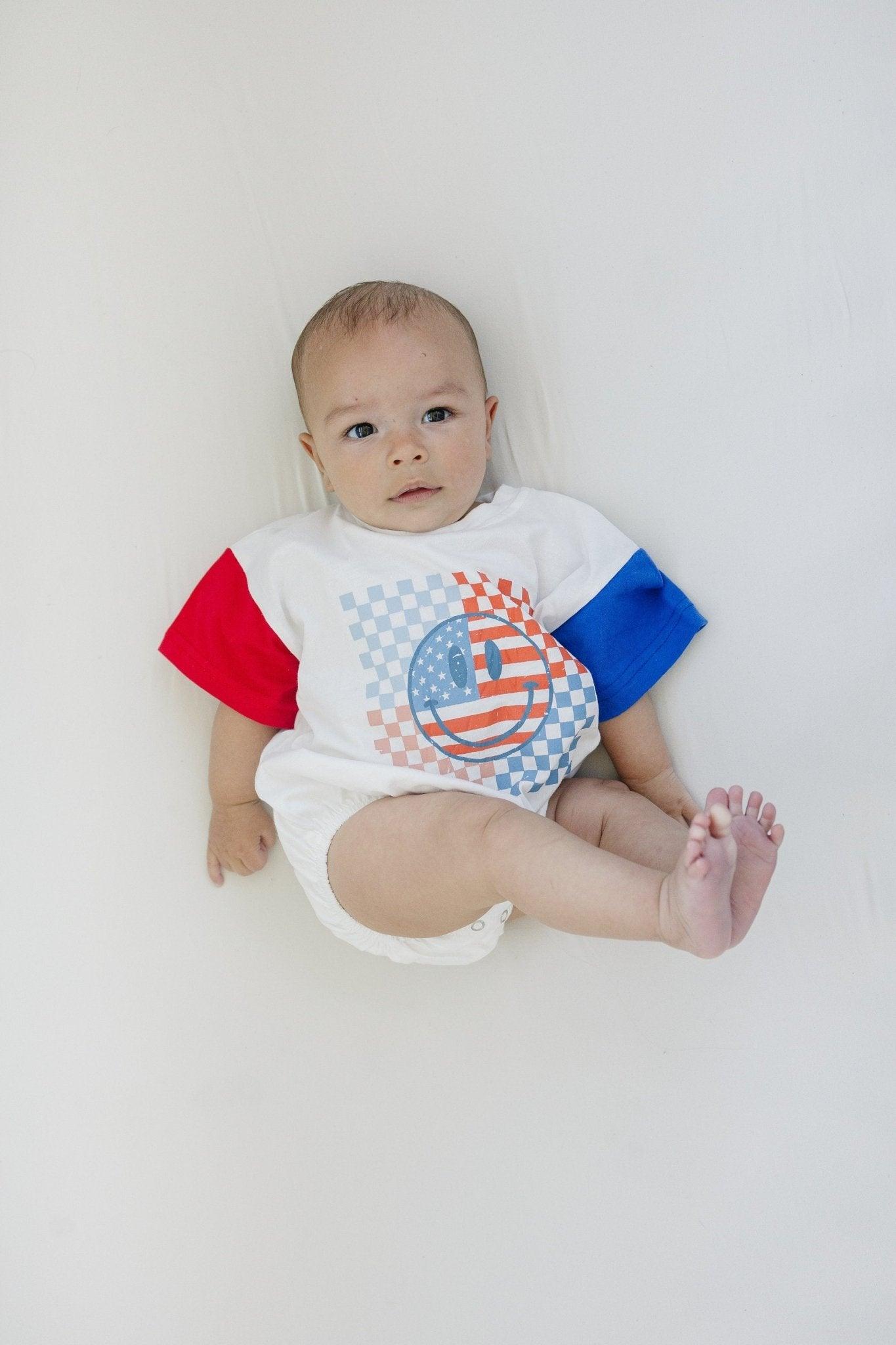 4th of July Checker Smiley T-Shirt Romper
