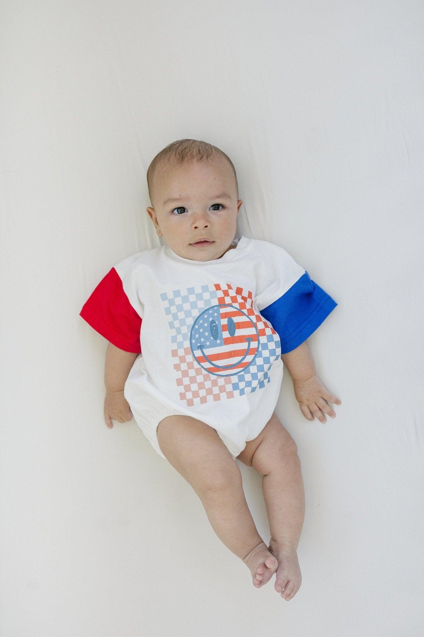 4th of July Checker Smiley T-Shirt Romper