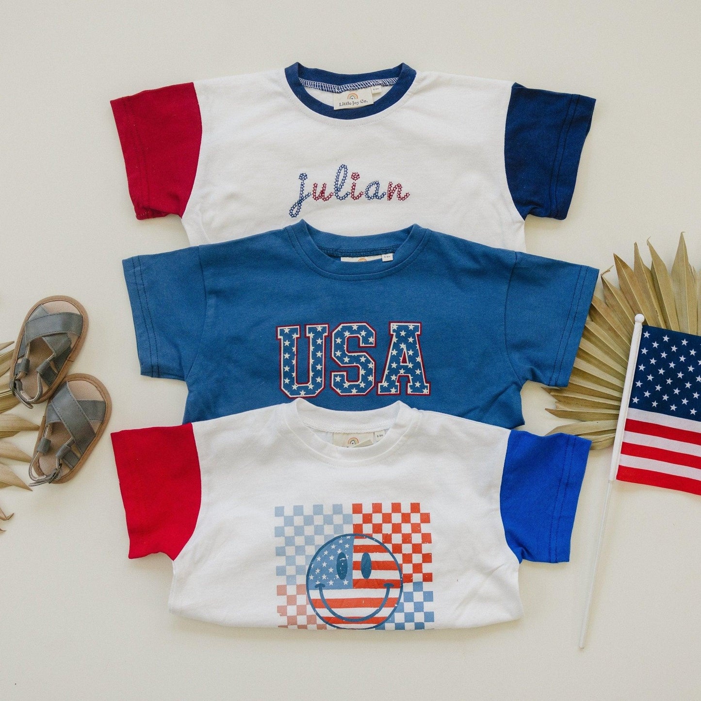 4th of July Checker Smiley T-Shirt Romper