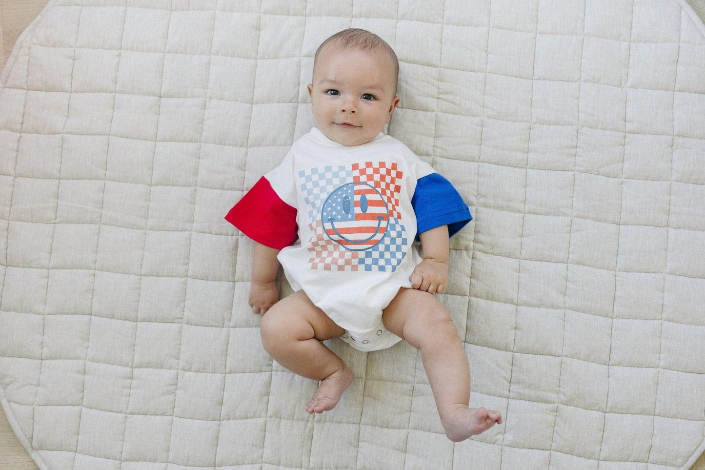 4th of July Checker Smiley T-Shirt Romper