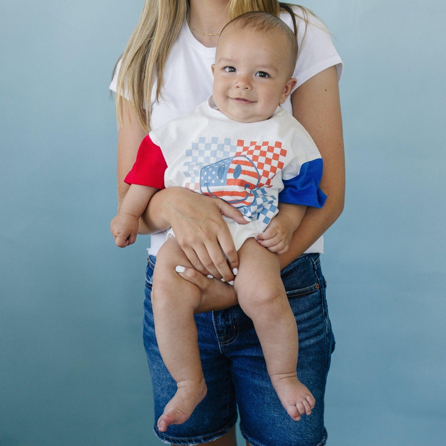 4th of July Checker Smiley T-Shirt Romper