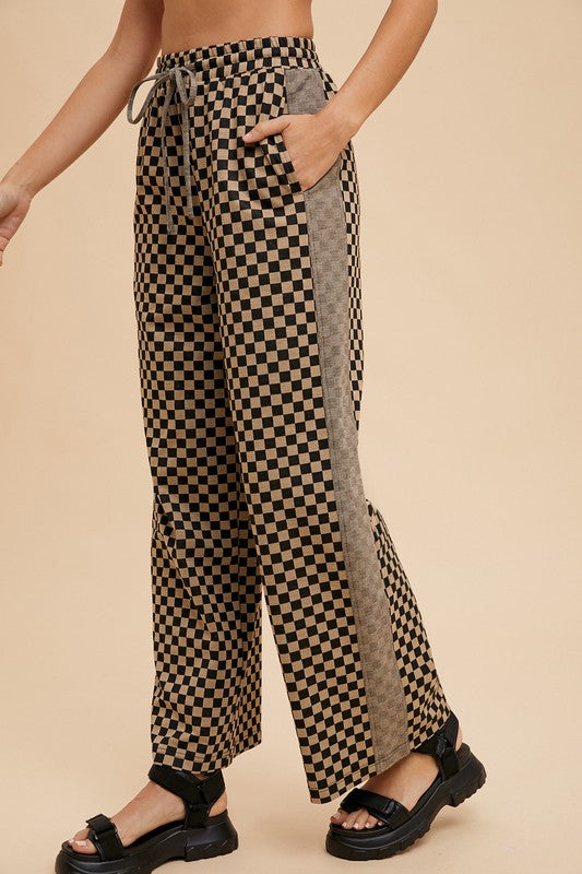 Drawstring Checkered Wide Leg Pants