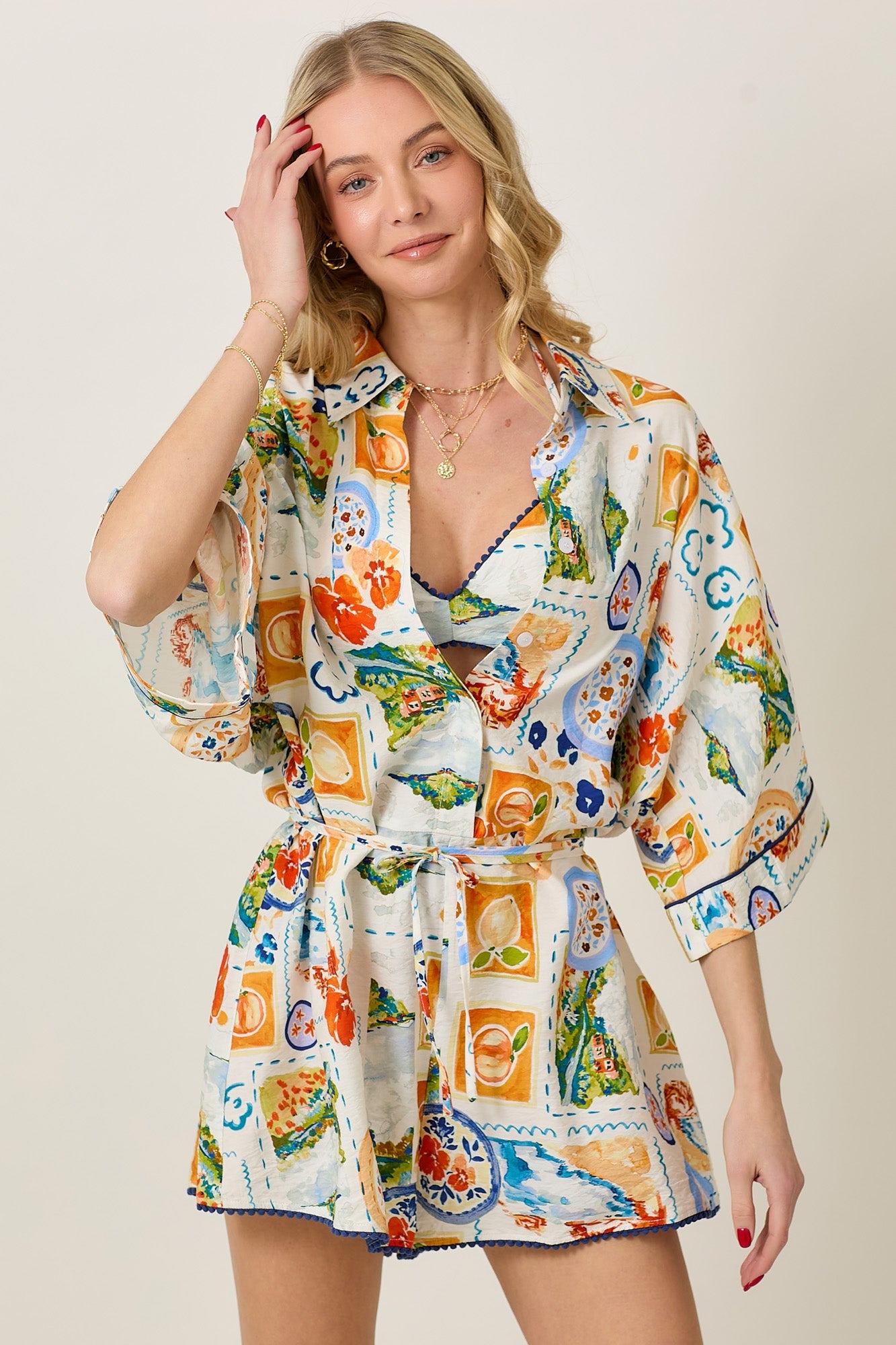 Watercolor Print Romper and Bra Top Set