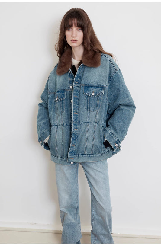 Blue Fantasy Vintage Sable Denim Down Parka Patchwork Jacket