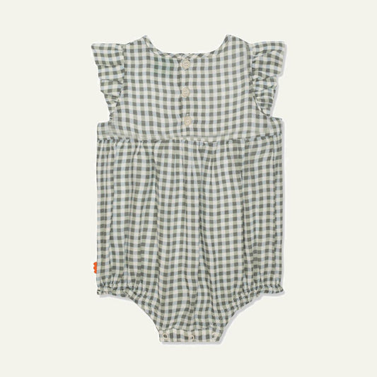 Gingham Linen Baby Girl Romper - Natural/faded Denim