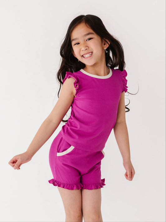 MAGENTA | Ruffle Tee + Shorts RIB SET