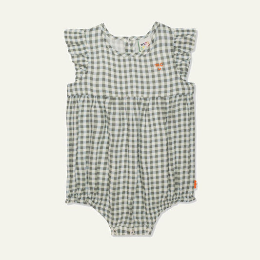 Gingham Linen Baby Girl Romper - Natural/faded Denim
