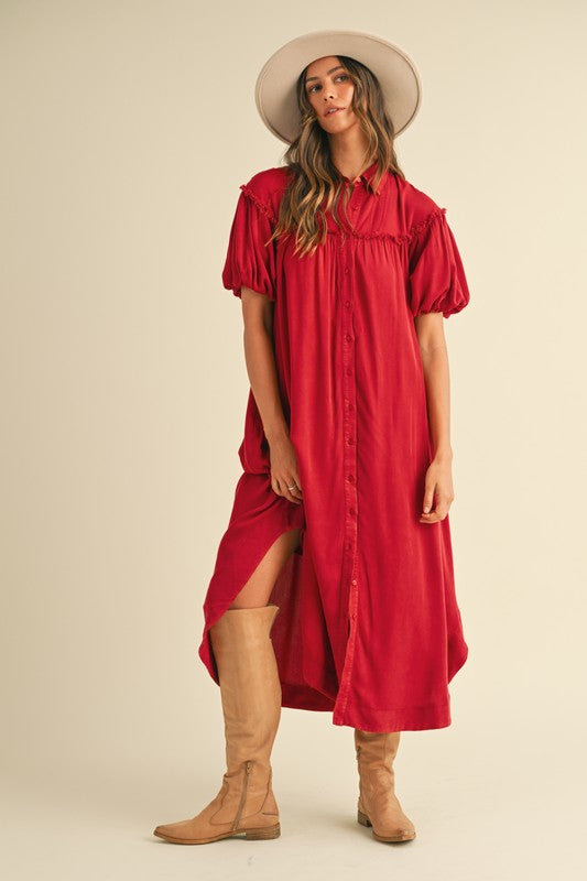 Mineral Washed Button Down Puff Sleeve Shirt Dress