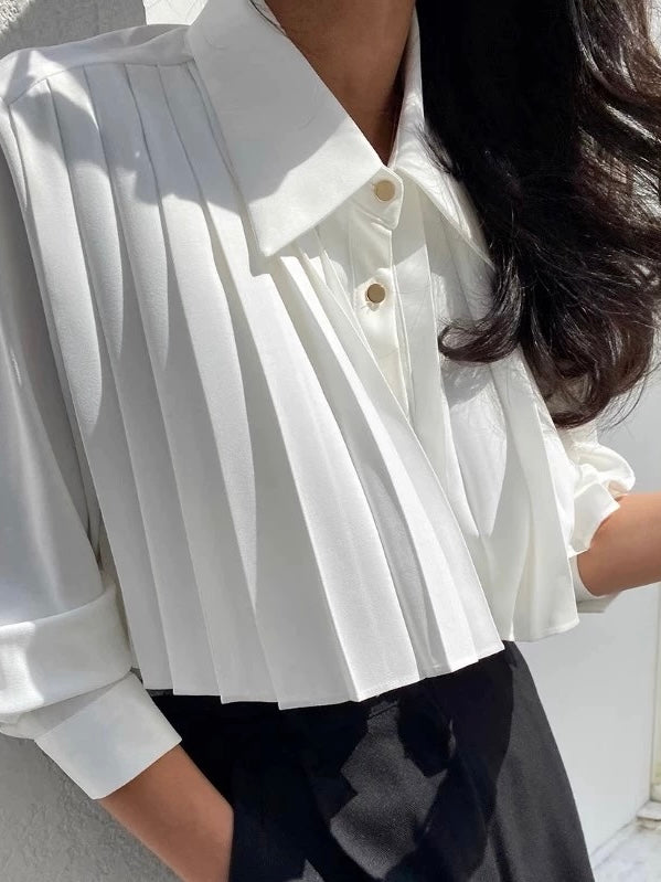 Lapel Single Breasted Pleated Long Sleeve Shirt