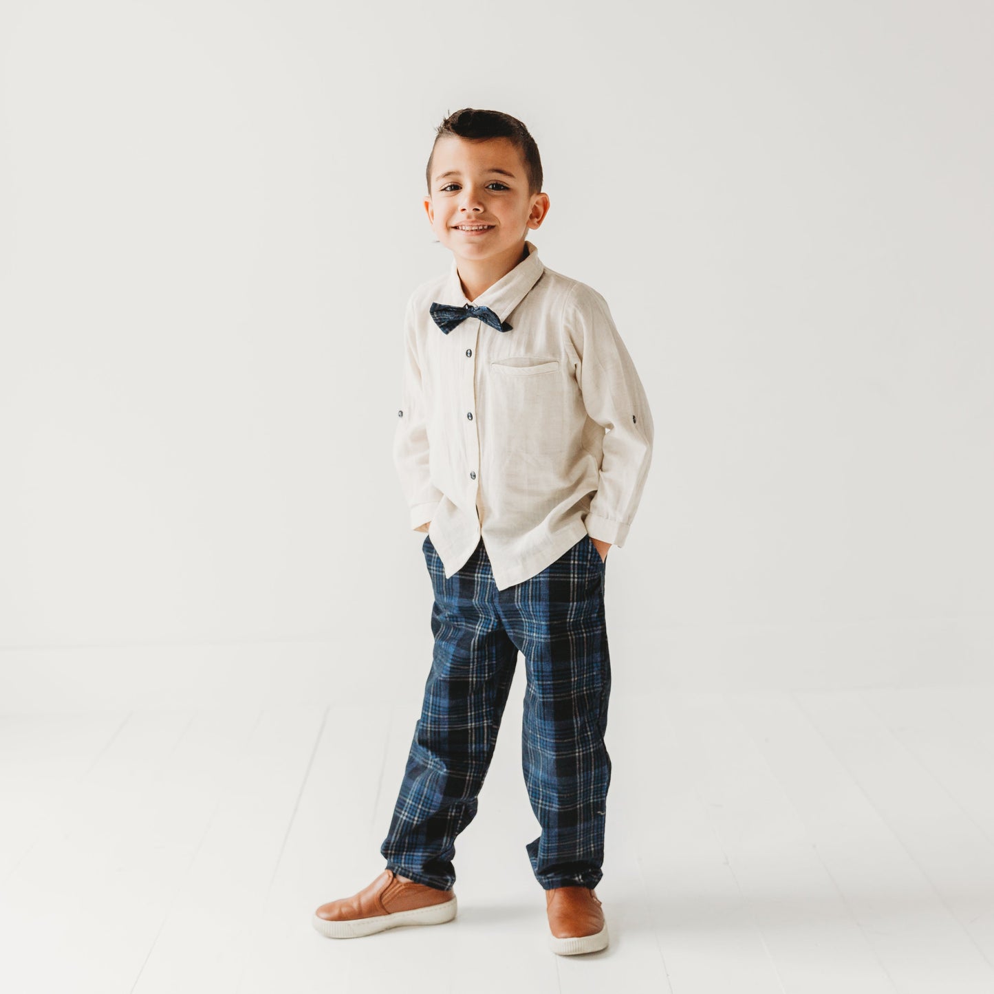 Boys Blue Plaid Cord Set, with Linen Shirt with Bow