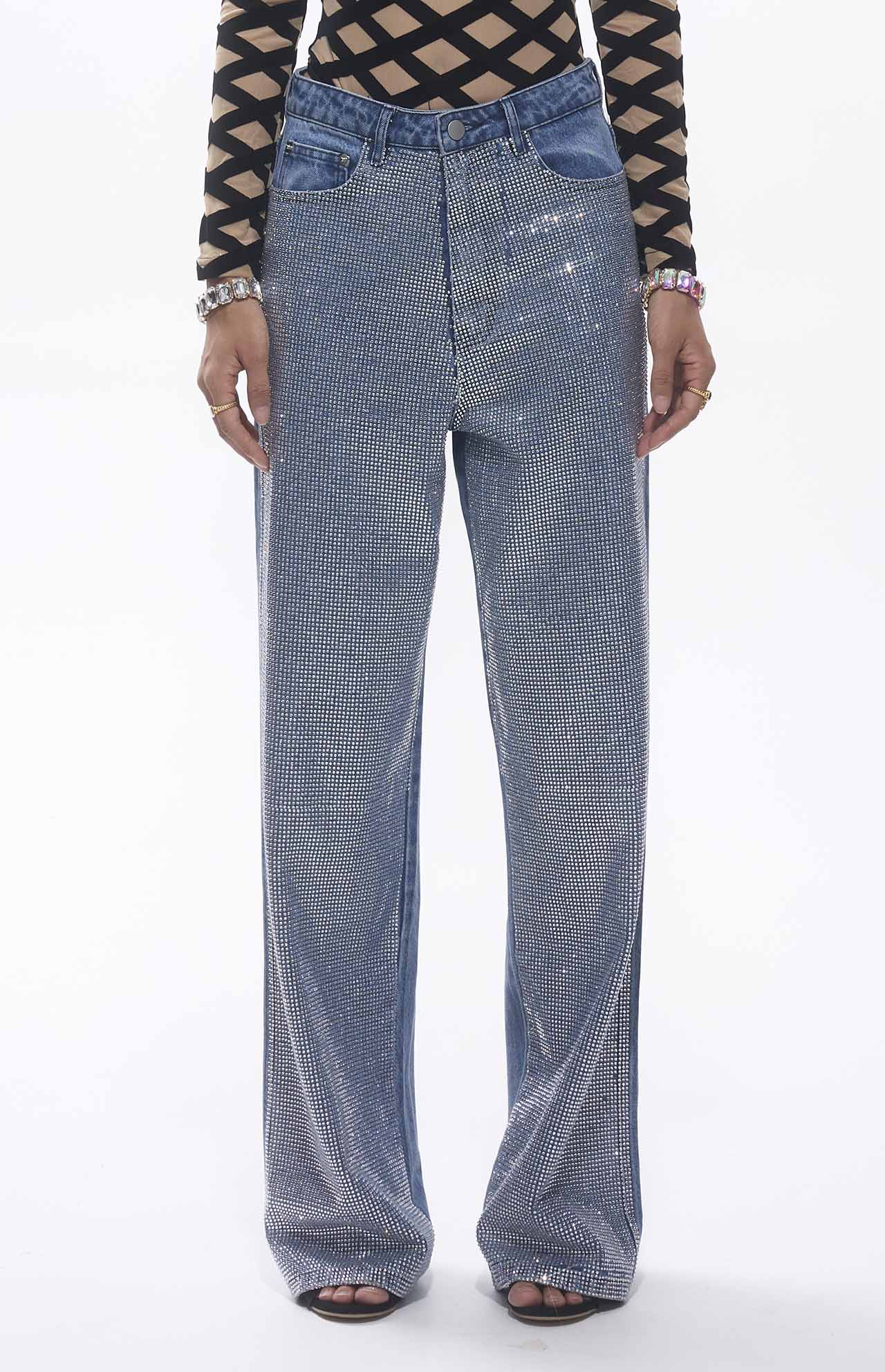 Auga Crystal Embellished High Waist Blue Jeans Unisex