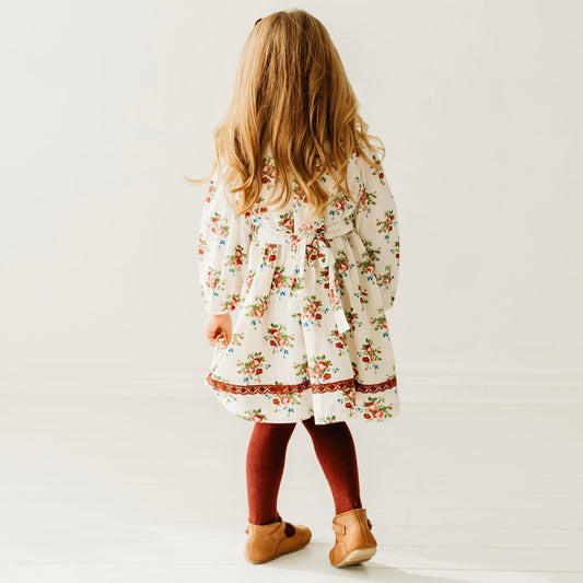 Bunch Floral Printed Girl's Cotton Dress with Crimson Lace