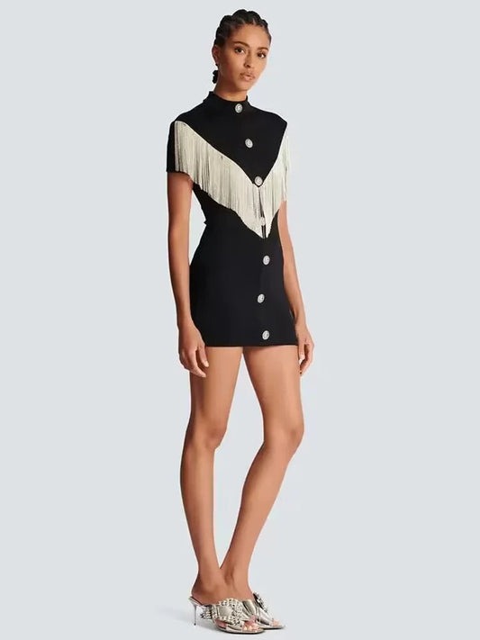 Black Mini Bodycon Dress With Button Tassel