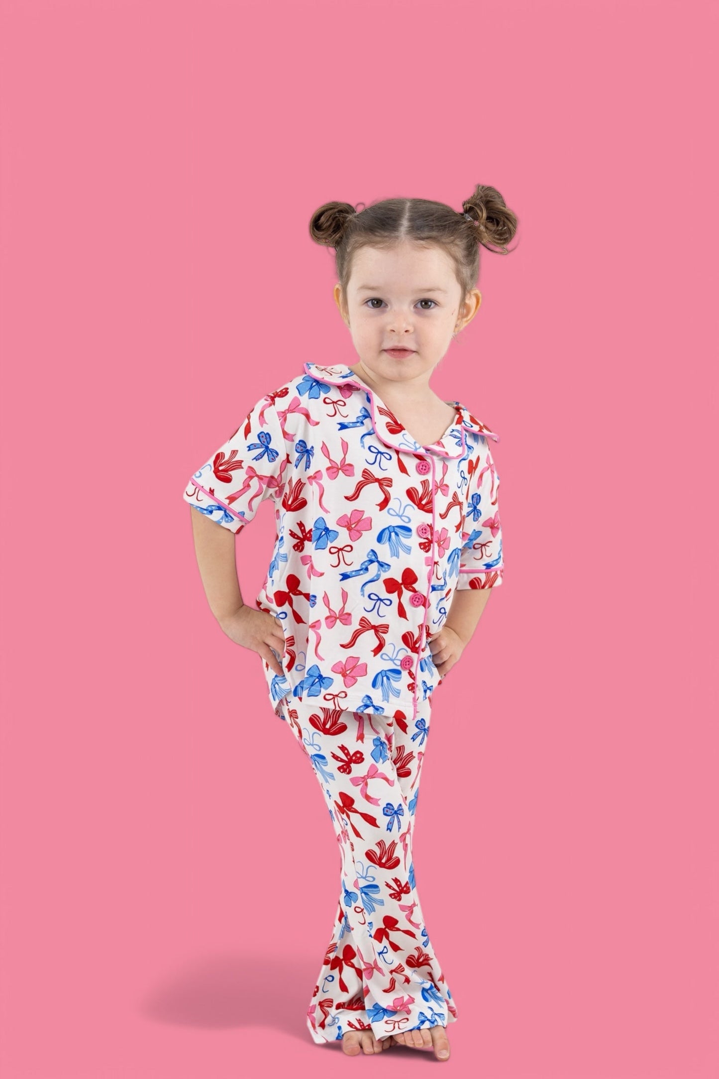 RED, WHITE AND BOWS DREAM GIRL'S SHORT SLEEVE FLARE SET