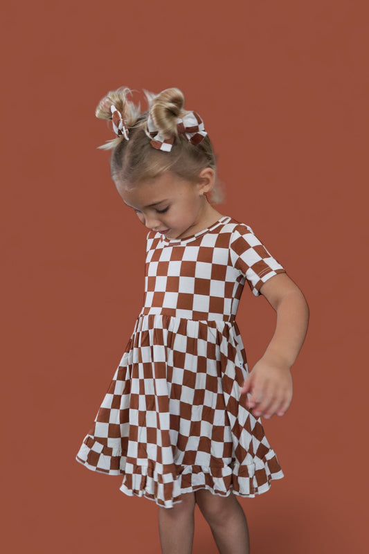 COPPER CHECKERS DREAM RUFFLE DRESS