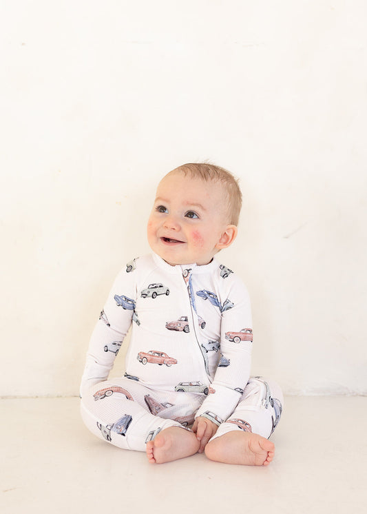 Vintage Cars (Ribbed) | Bamboo Zip Pajamas