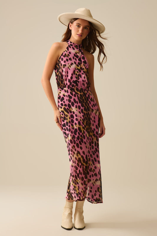 Crossed Halter Neck Midi Dress in Pink and Black Animal Print