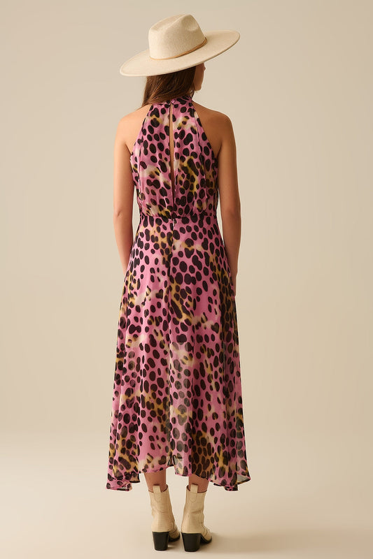 Crossed Halter Neck Midi Dress in Pink and Black Animal Print