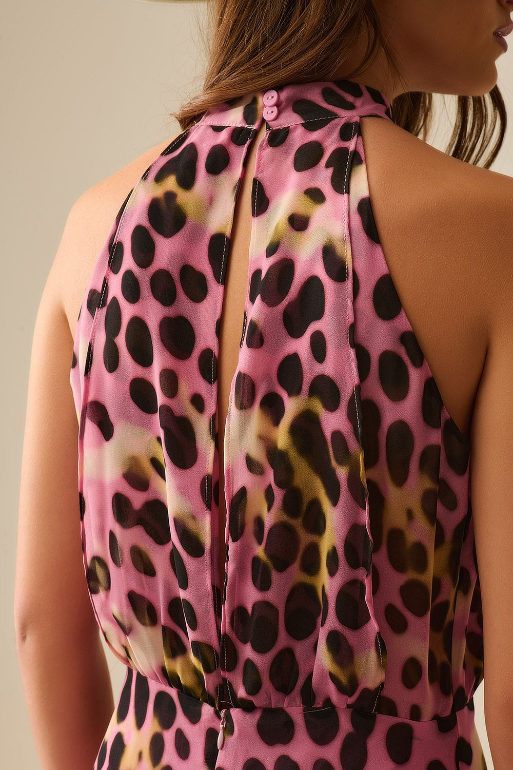Crossed Halter Neck Midi Dress in Pink and Black Animal Print