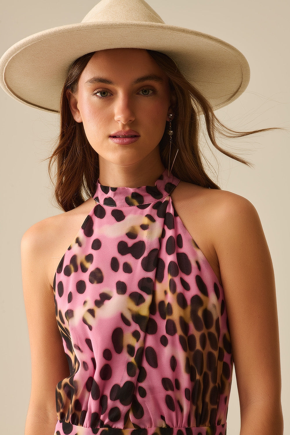 Crossed Halter Neck Midi Dress in Pink and Black Animal Print