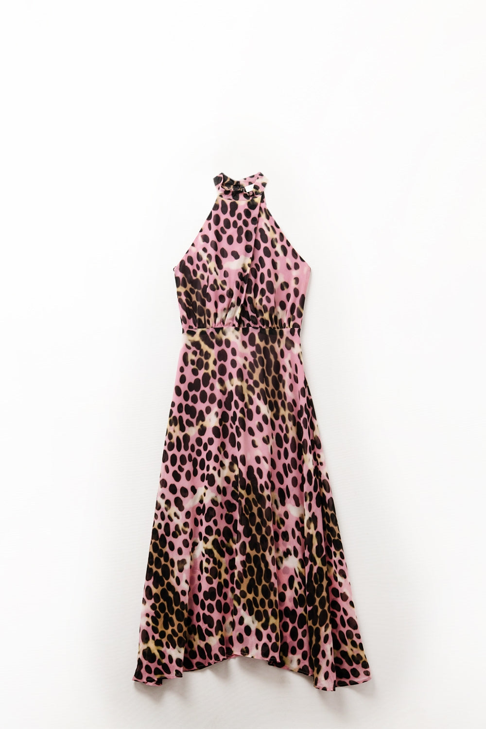 Crossed Halter Neck Midi Dress in Pink and Black Animal Print
