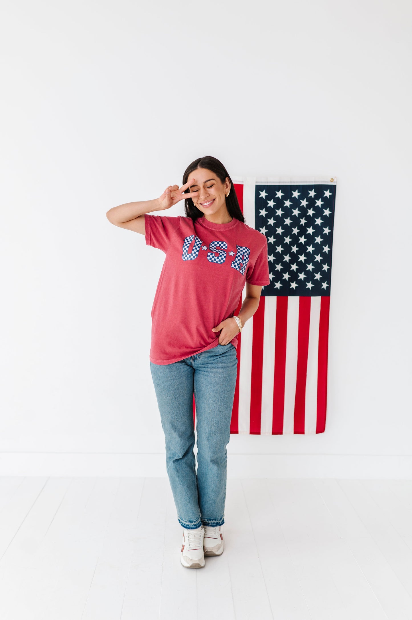 Adult Unisex RED ‘USA’ Check Tee