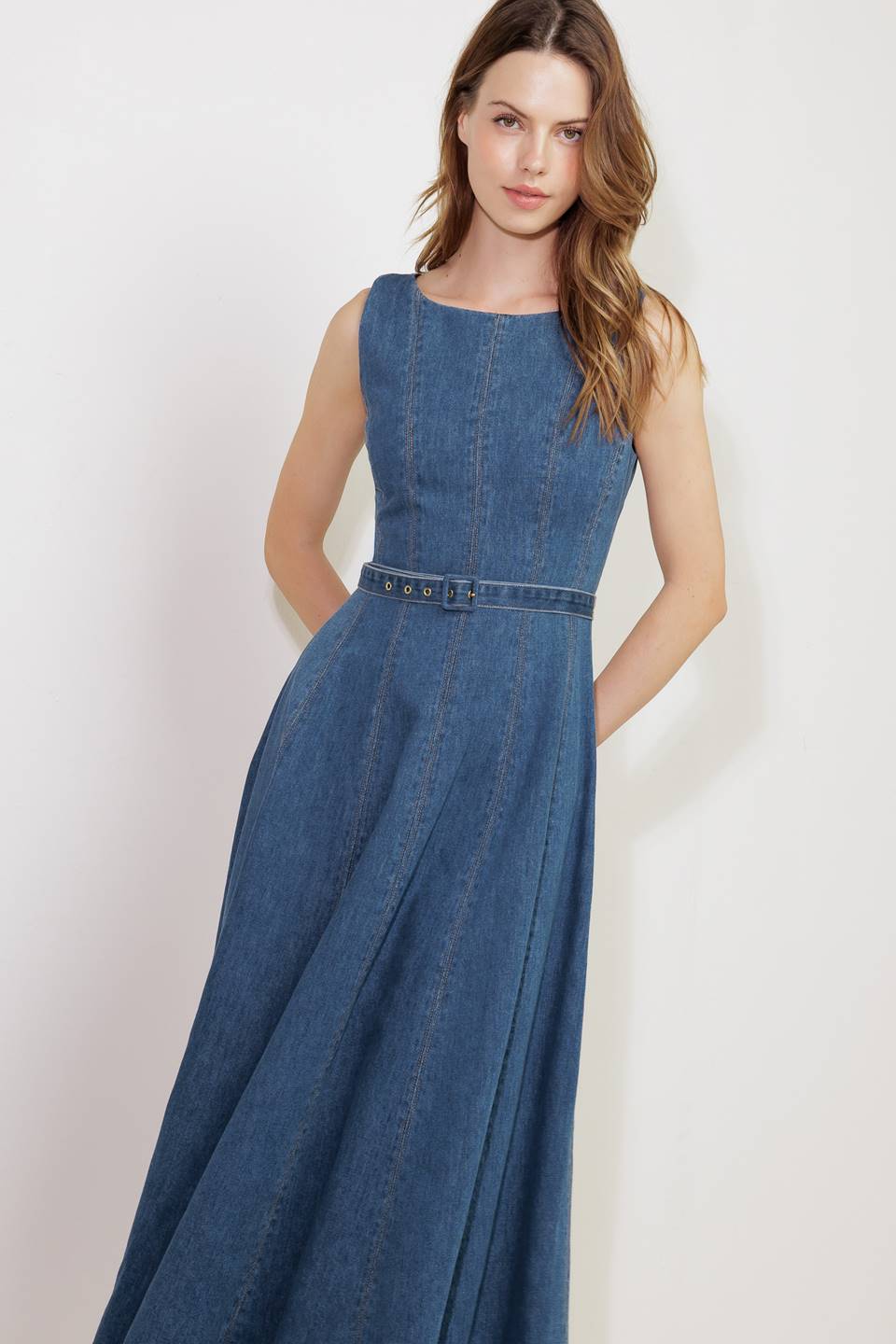 CREAM FIELD DENIM MIDI DRESS