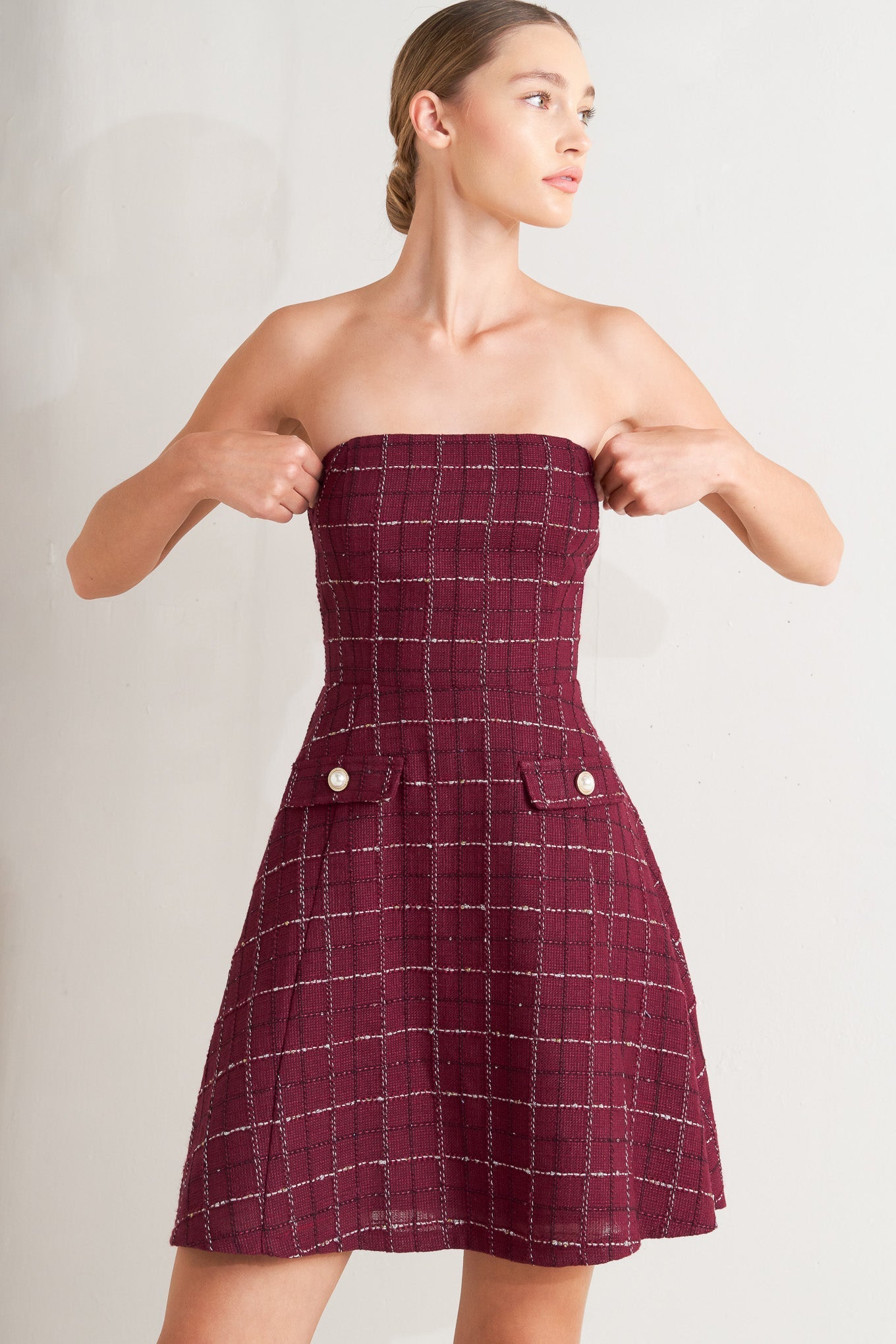 TWEED DOLL WINE WOVEN MINI DRESS