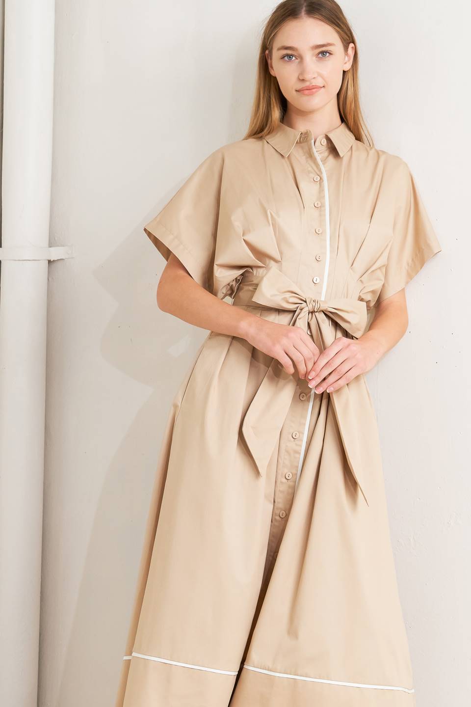 CATCH YOU LATER KHAKI WOVEN MIDI DRESS