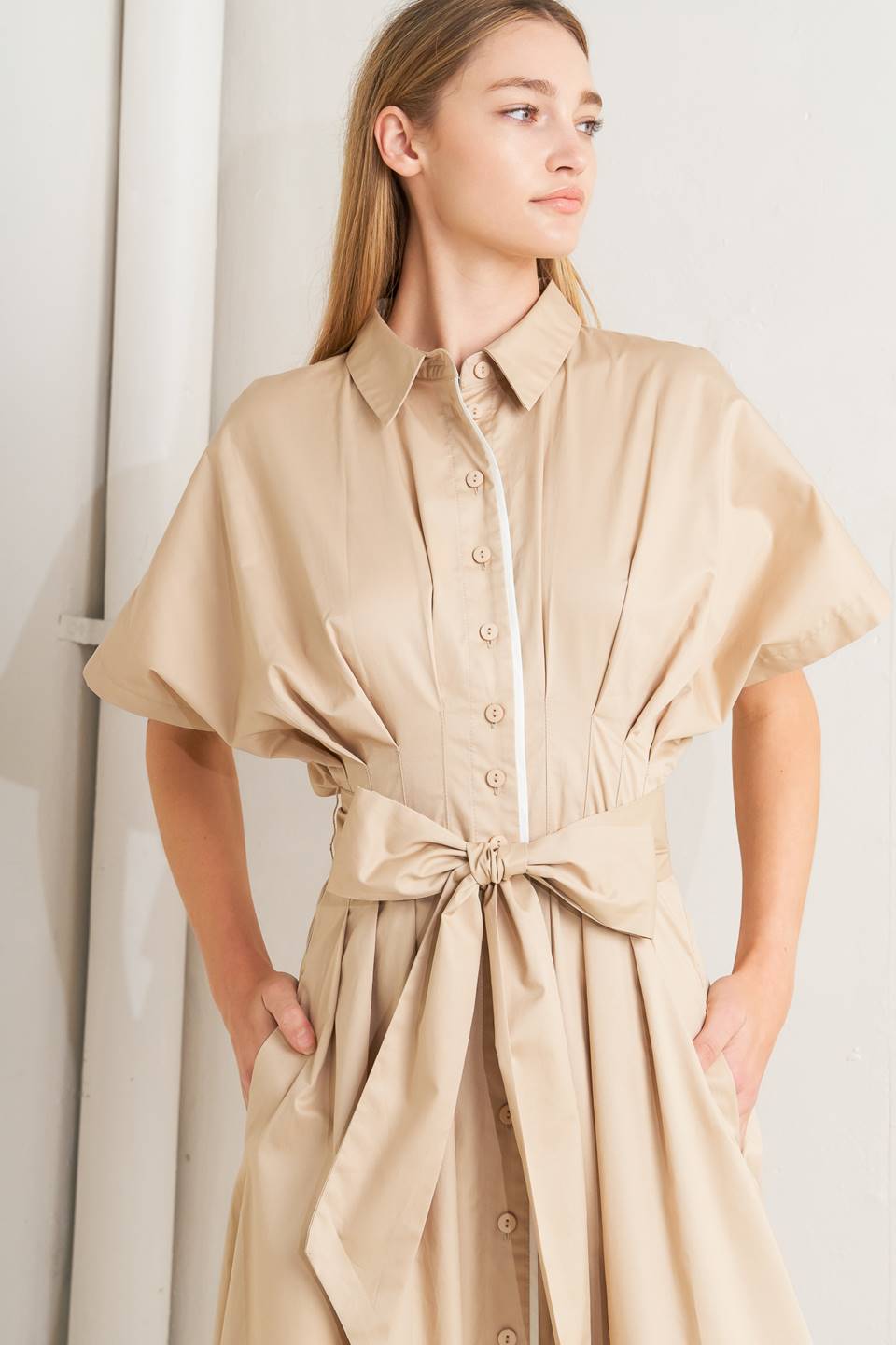 CATCH YOU LATER KHAKI WOVEN MIDI DRESS