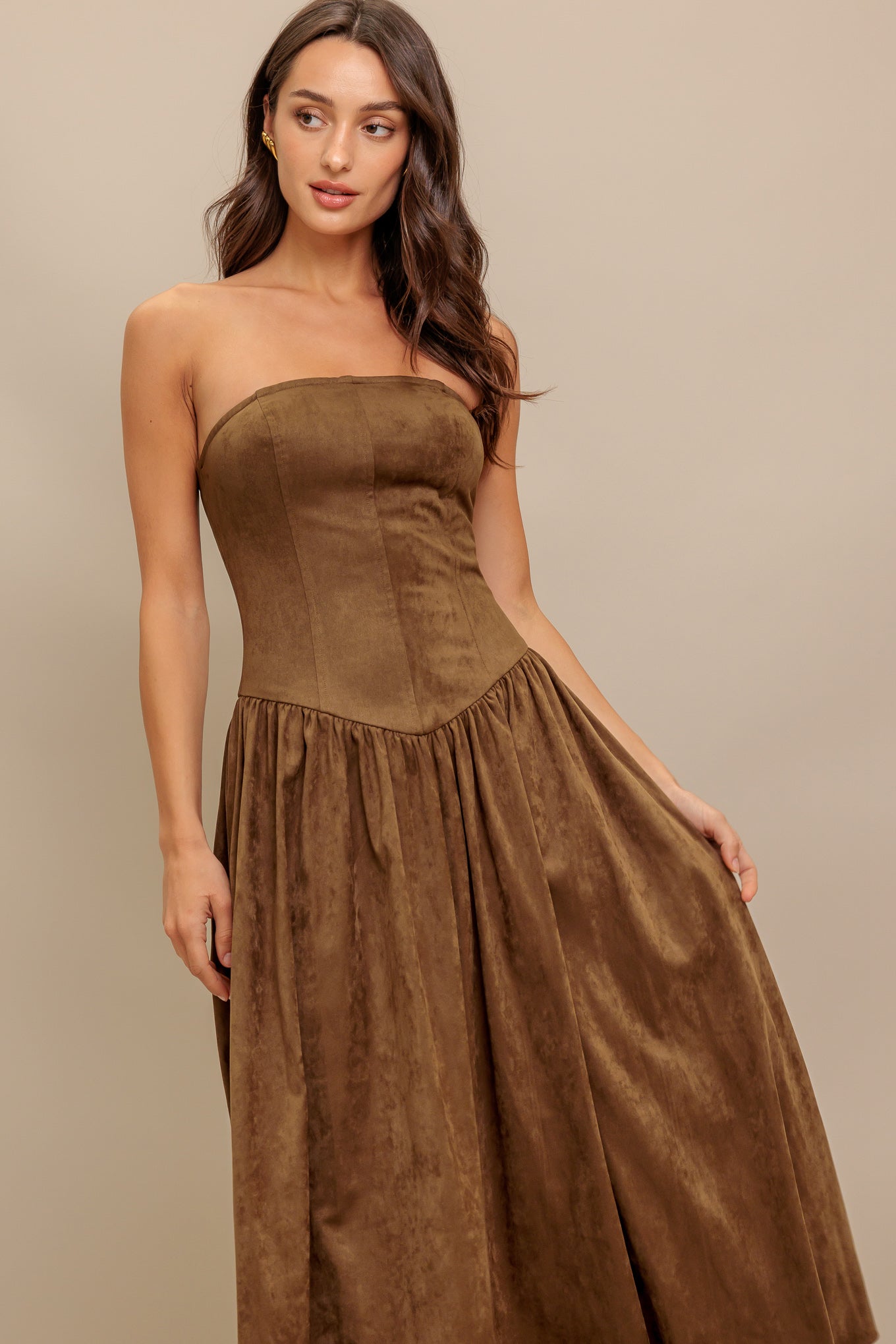 WILD ESPRESSO FAUX SUEDE MIDI DRESS