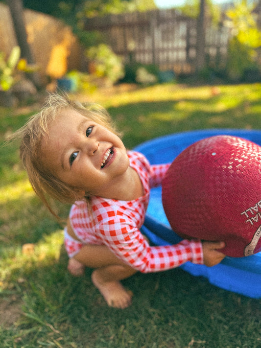 Stevie Two Piece Kids Swimsuit - Guava Gingham