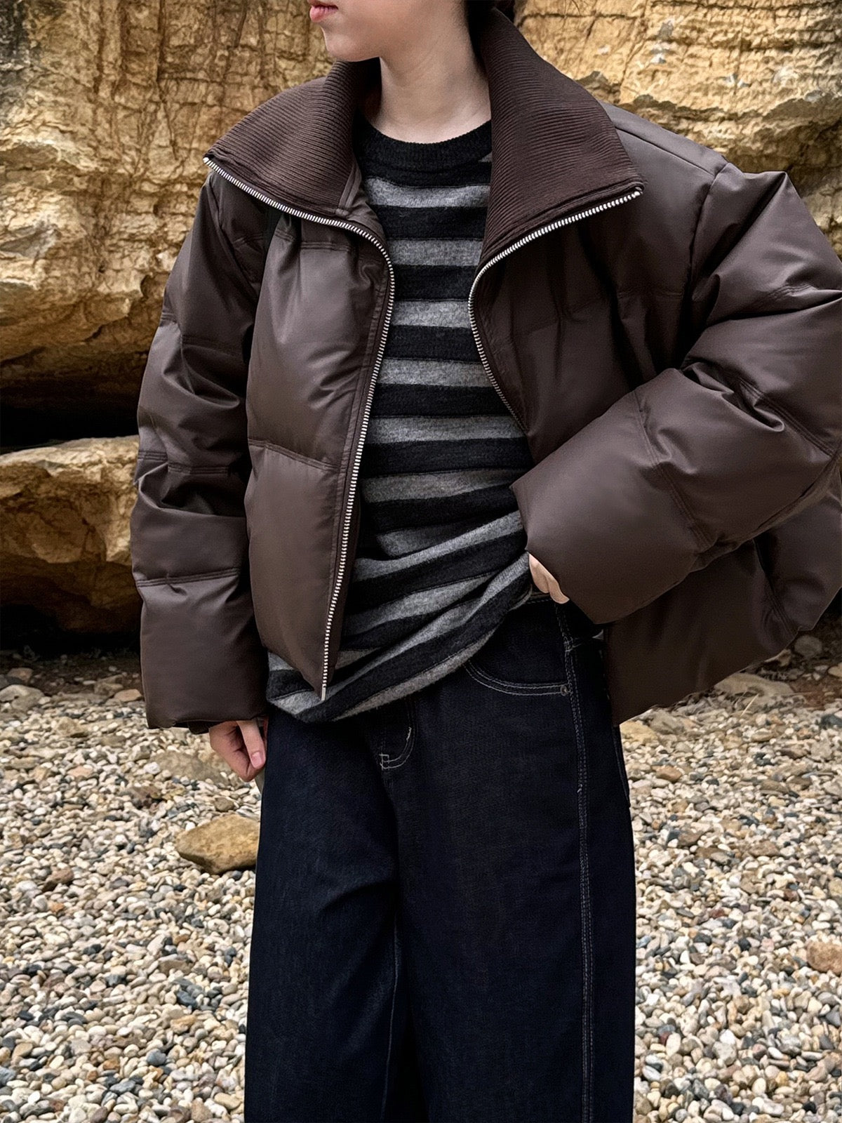 Spliced PU Leather Down Jacket