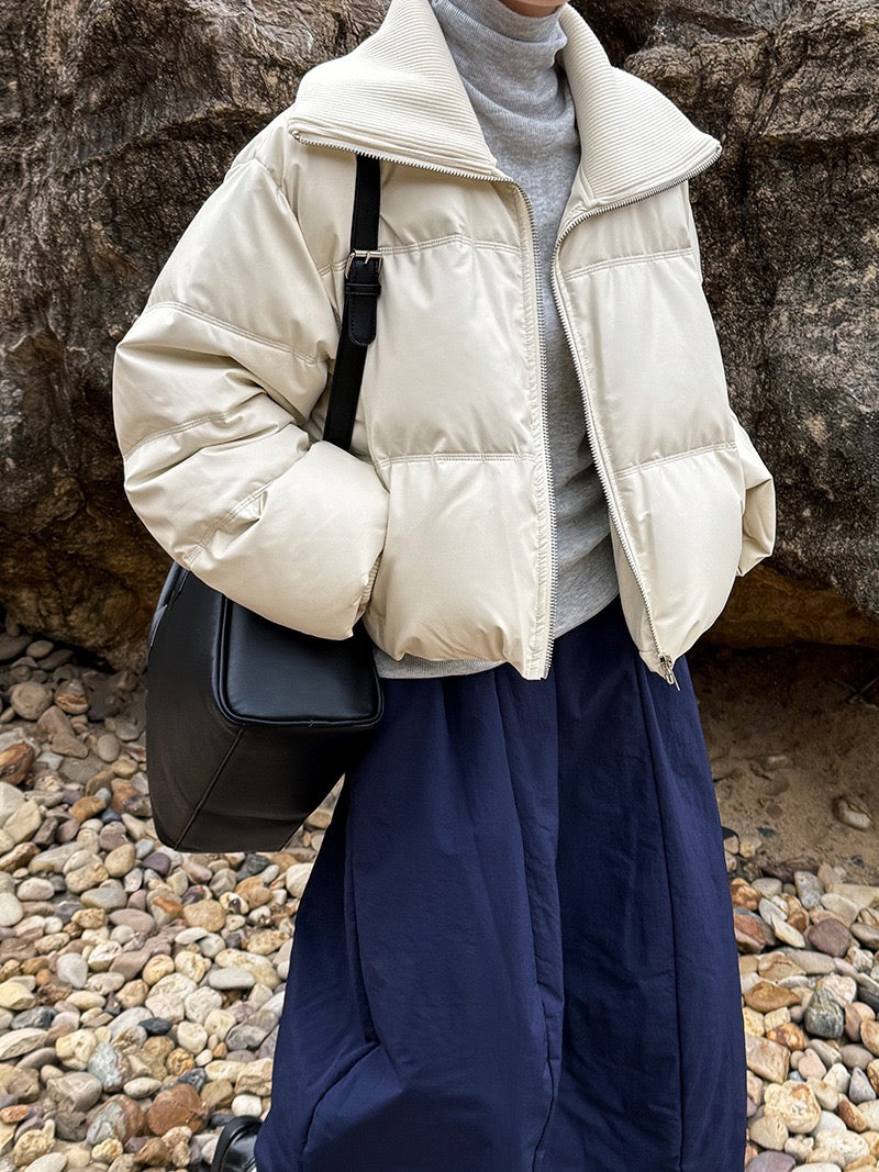 Spliced PU Leather Down Jacket