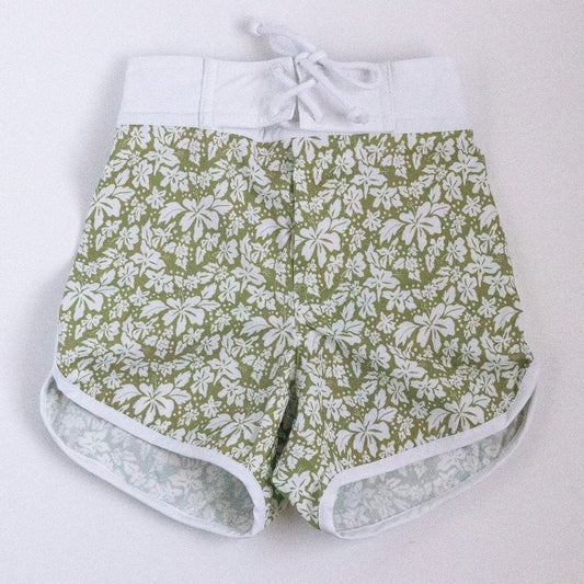 Green Hibiscus Kids Surf Shorts