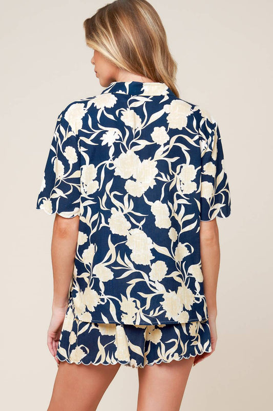 SLOW MORNINGS NAVY WOVEN TOP AND SHORTS SET