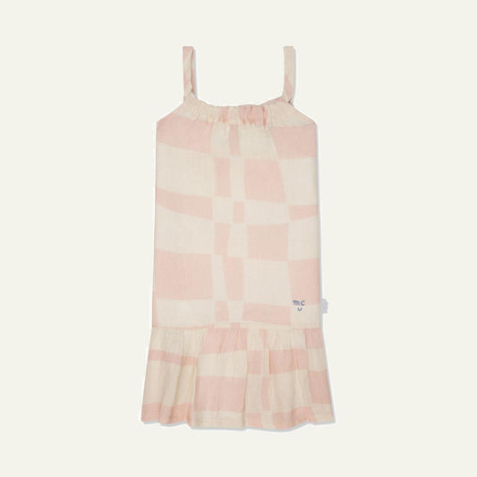 Checkered Linen Kid Dress - Natural/sepia Rose