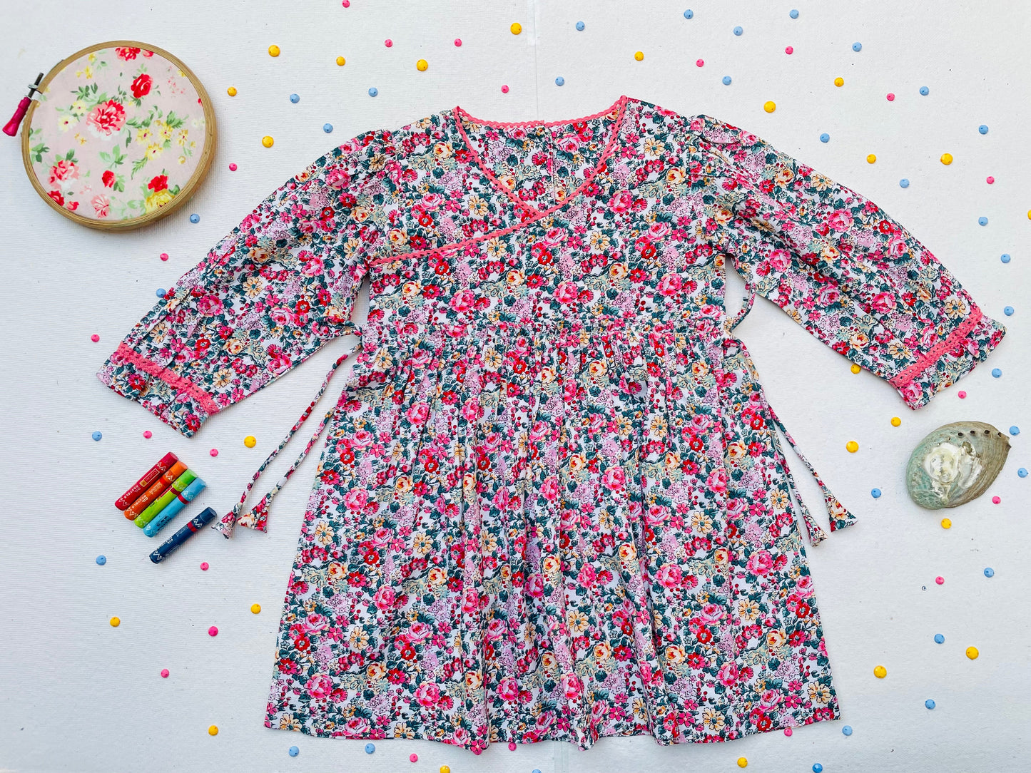 Long Sleeves Pink Bloom Overlap Girl's Cotton Dress