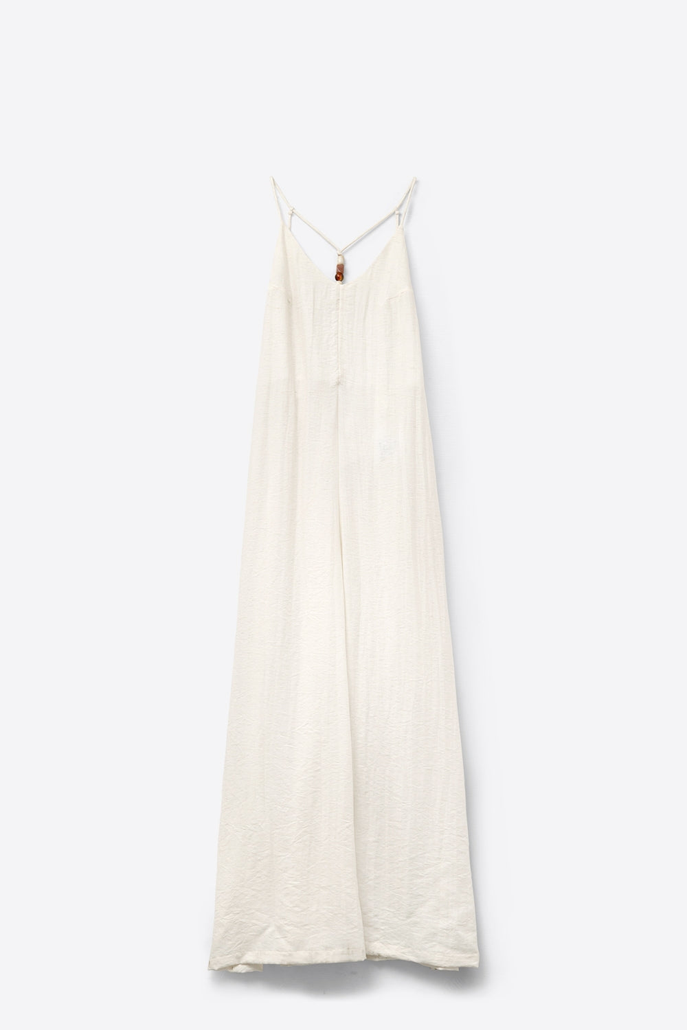 Long Textured Jumpsuit With Beaded Straps in Cream