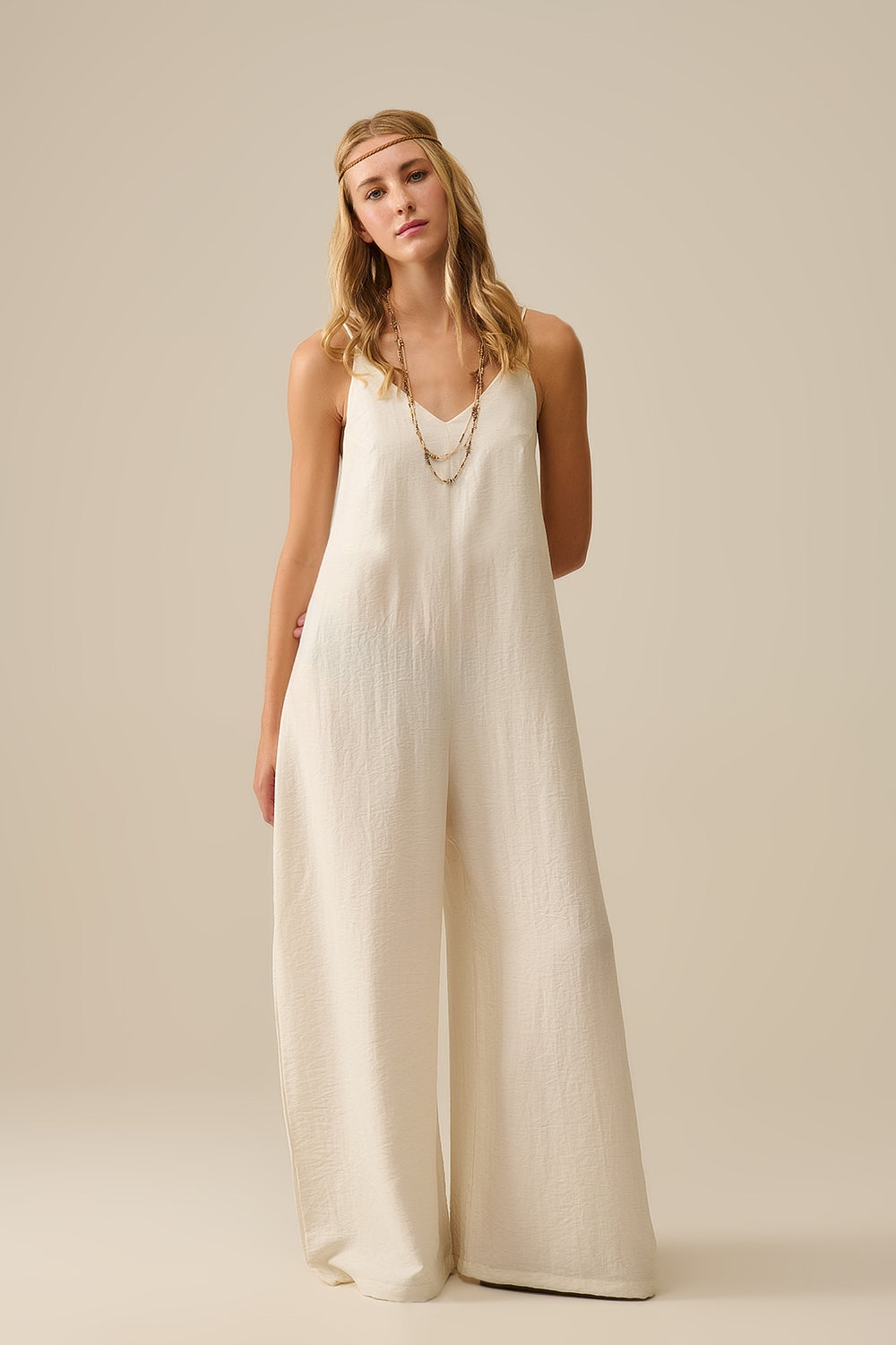 Long Textured Jumpsuit With Beaded Straps in Cream
