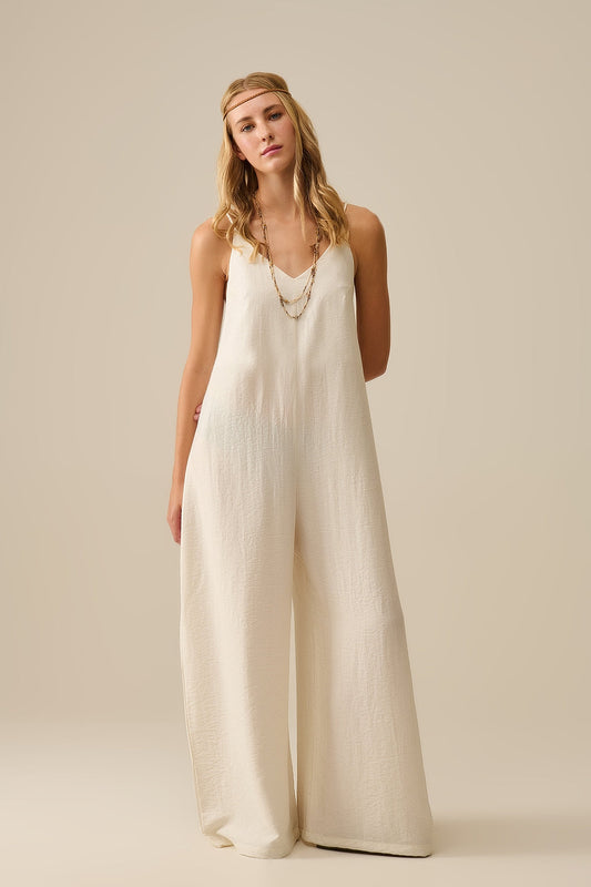 Long Textured Jumpsuit With Beaded Straps in Cream