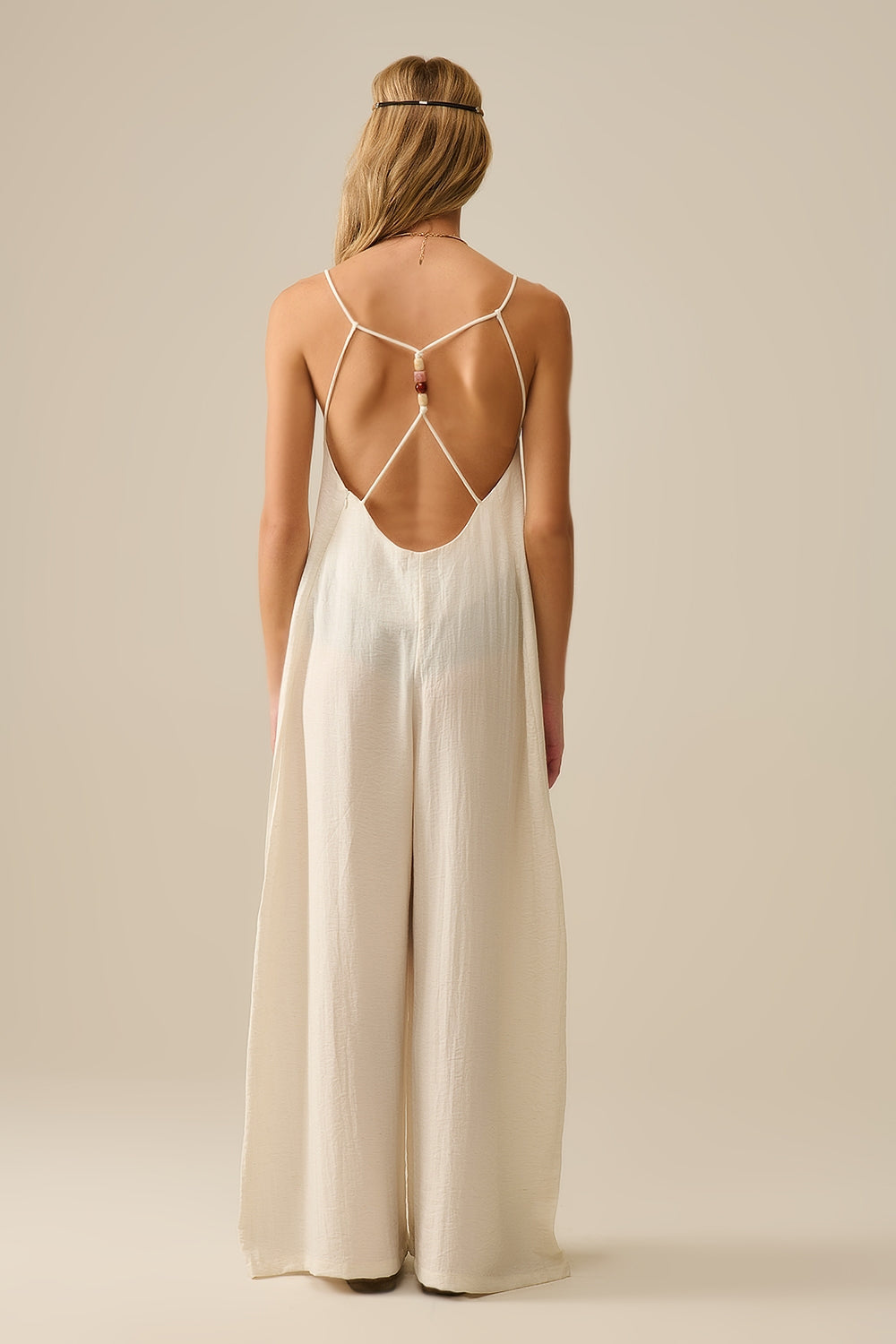 Long Textured Jumpsuit With Beaded Straps in Cream