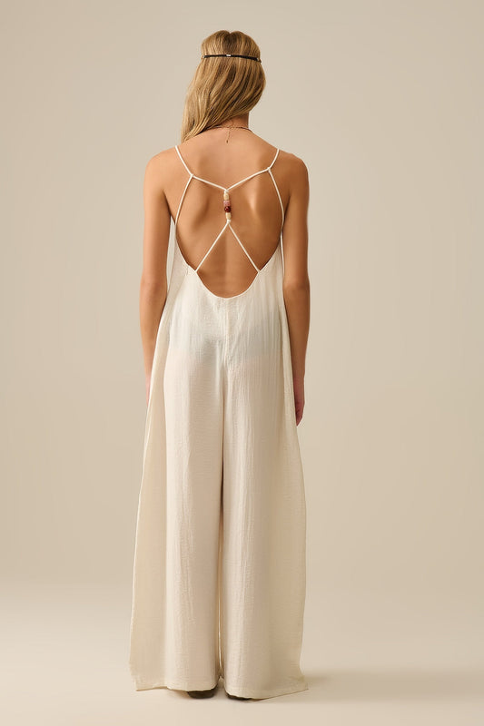 Long Textured Jumpsuit With Beaded Straps in Cream