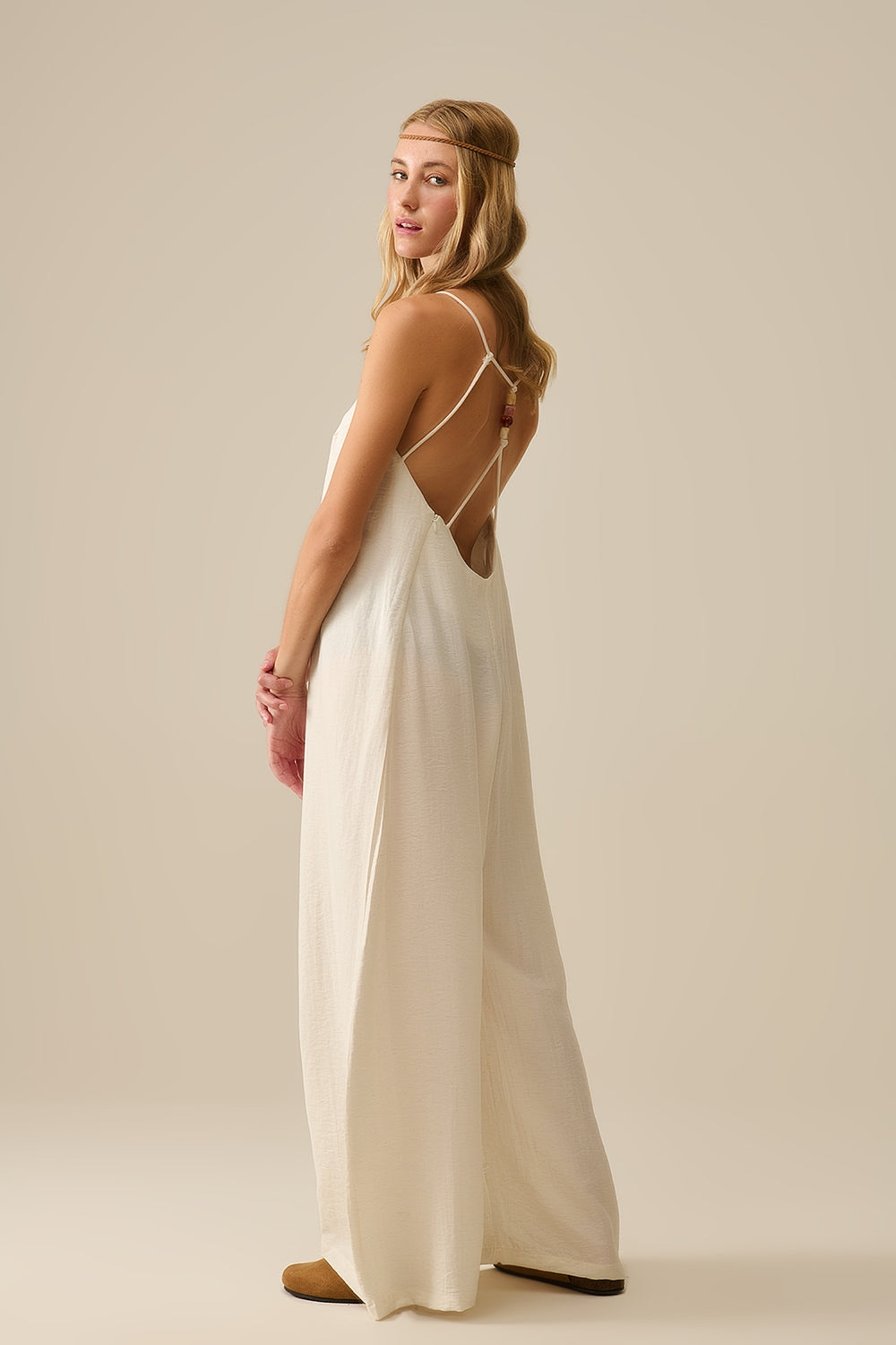 Long Textured Jumpsuit With Beaded Straps in Cream