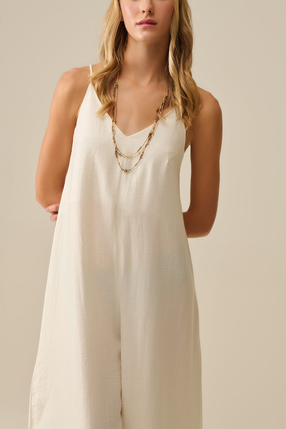 Long Textured Jumpsuit With Beaded Straps in Cream