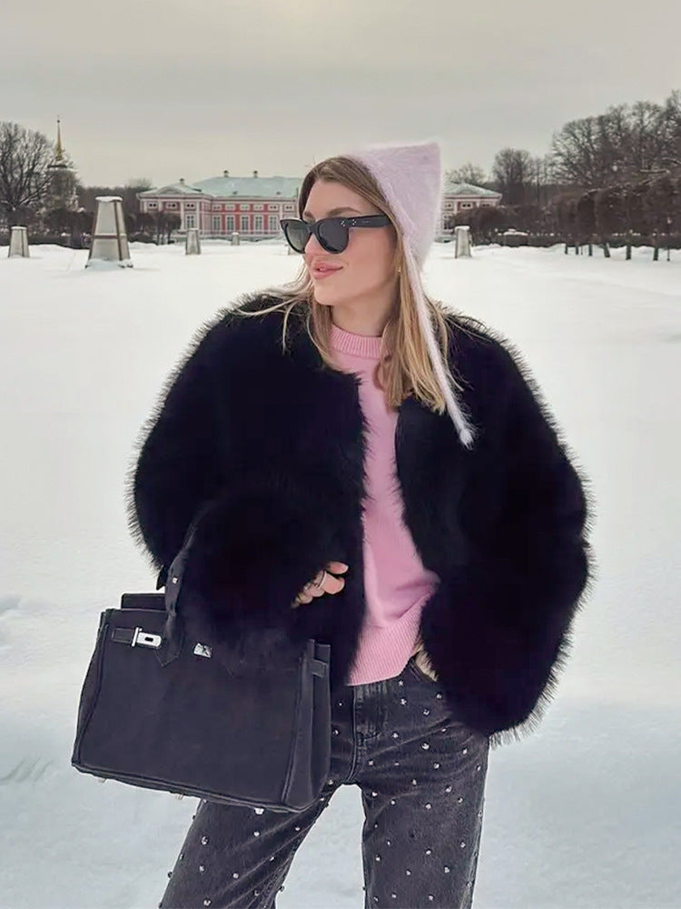 Faux Fur Coat Soft Fur Collar Wide Cuff Matching Sweater Jeans Design Autumn Winter Clothing