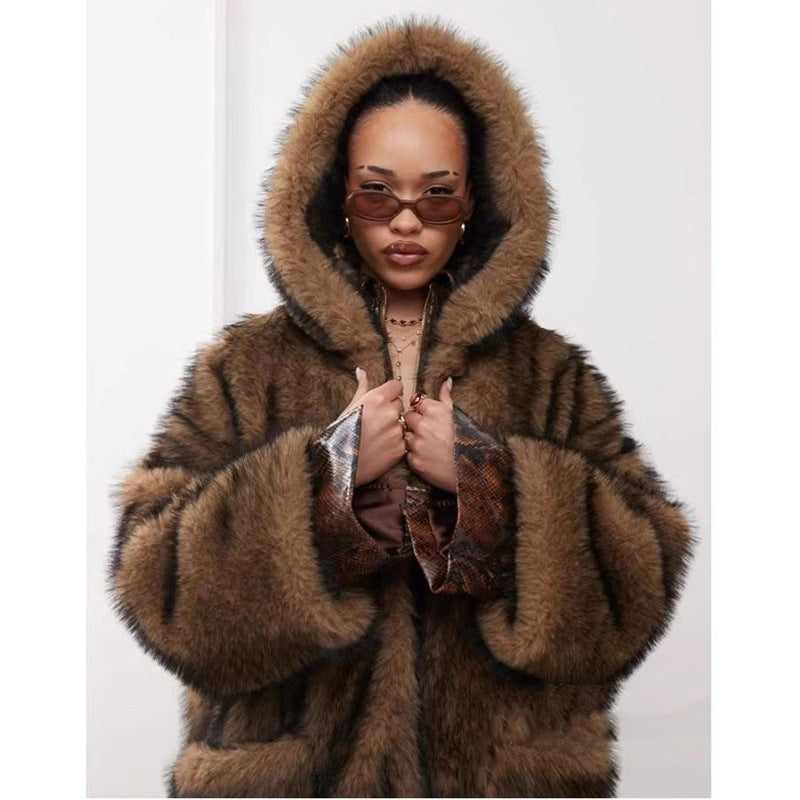 Women Fur Coat Winter Warm Faux Fur Coat Young Wolf Fur Color Hooded Warm Trench Coat