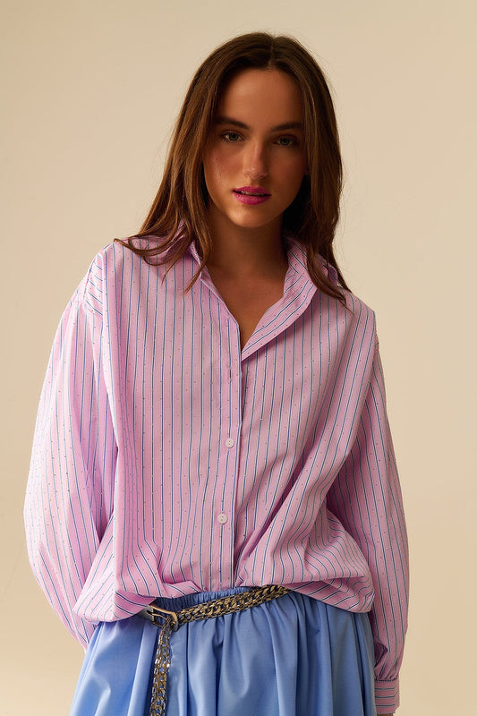 Pink Striped Poplin Shirt Embellished With Strass
