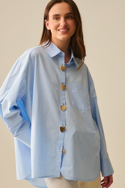 Relaxed Poplin Shirt With Gold Heart Buttons in Baby Blue
