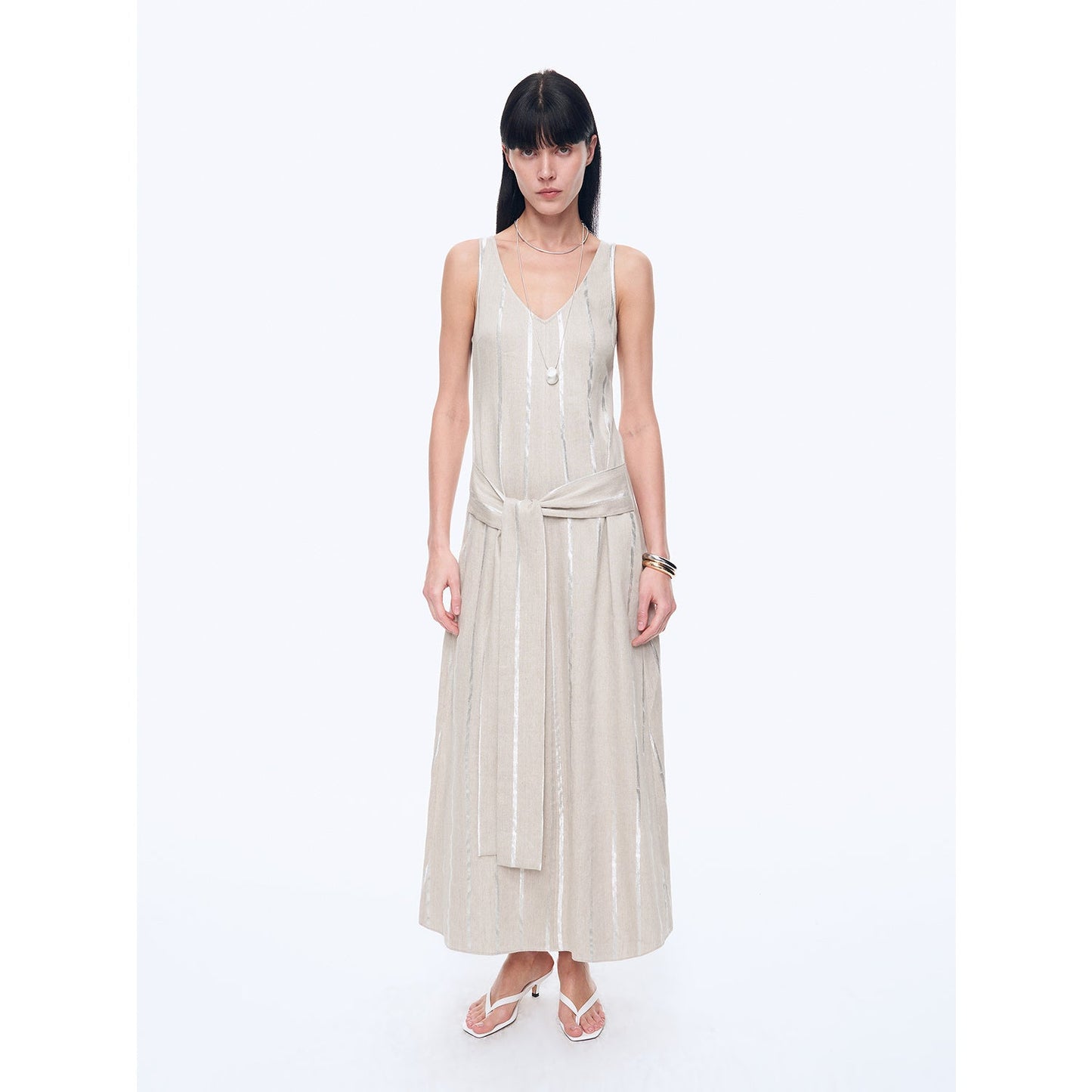 "Milan Holiday" Silver Striped Linen V-Neck Drape Dress